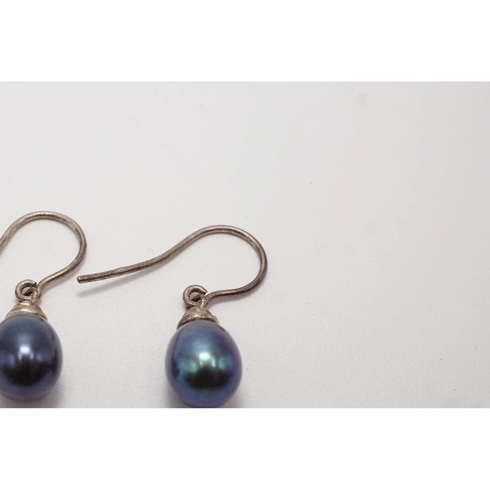Sterling Silver Peacock Black Pearl Drop Earrings Iridescent Dangle French Wire